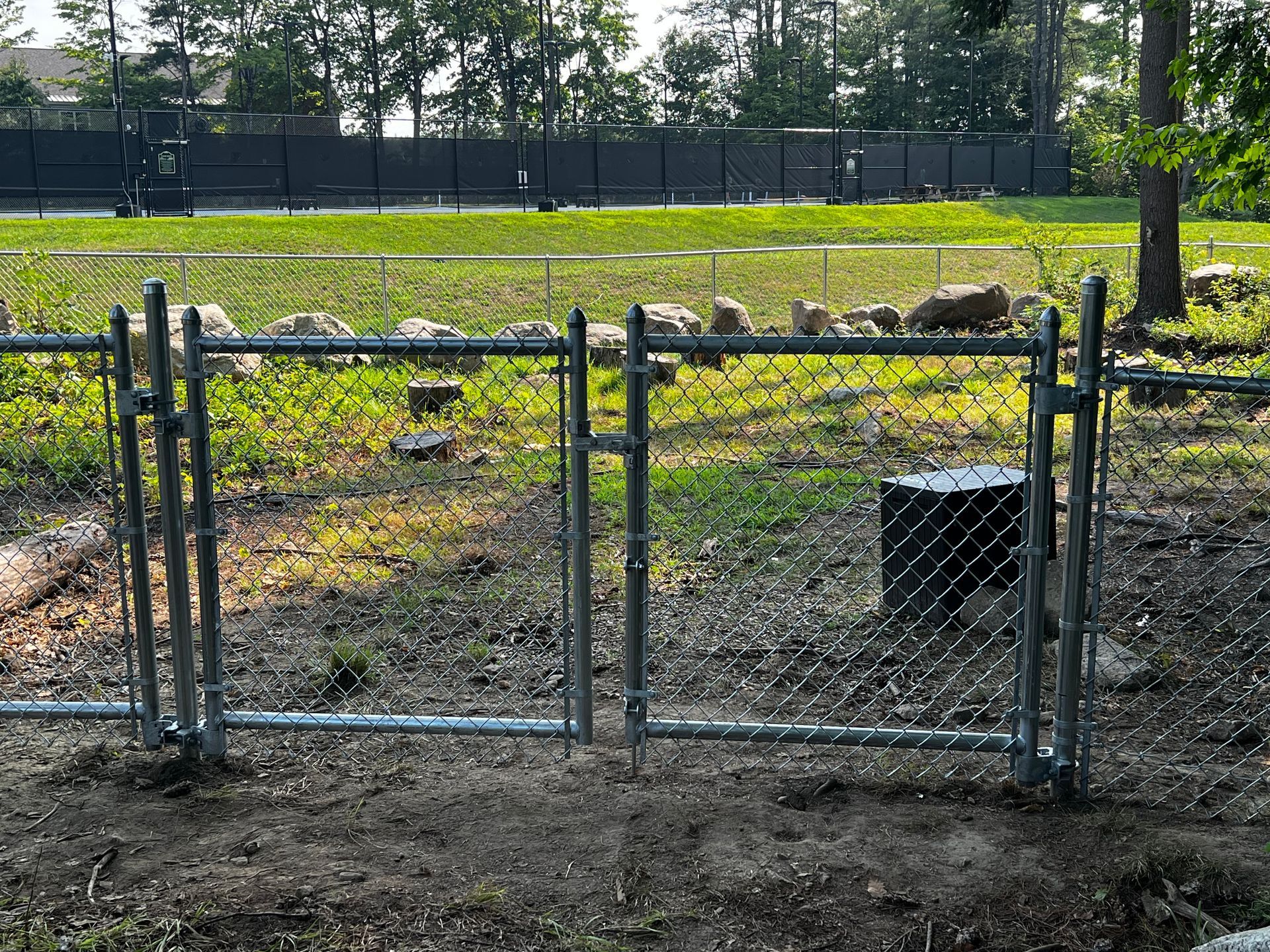 Chain-link fence with two open gates in a grassy yard, a taller fence visible in the background.
