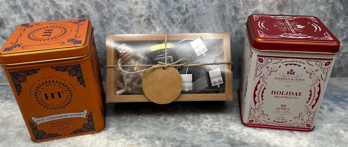 Beautifully packaged honey and tea gift set, perfect for holiday gifts.
