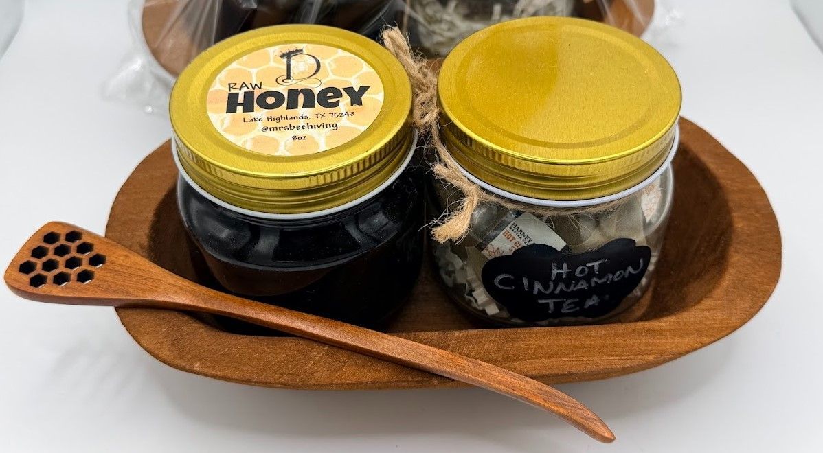 Large Honey and Tea Gift Set with 8 oz raw honey, Hot Cinnamon Tea, and wooden dipper in a carved wooden dough bowl  w/ bow