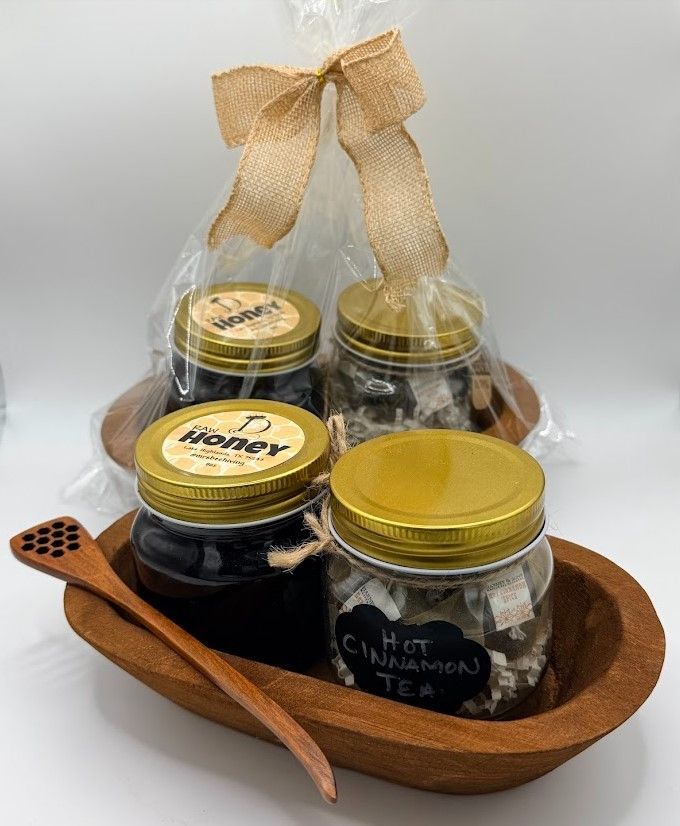 Large Honey and Tea Gift Set with 8 oz raw honey, Hot Cinnamon Tea, and wooden dipper in a carved wooden dough bowl  w/ bow