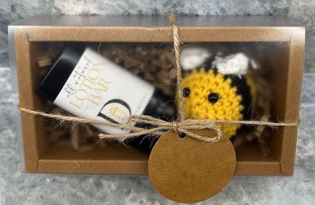 Beeswax lotion bar paired with a cute handmade bee keychain gift set.