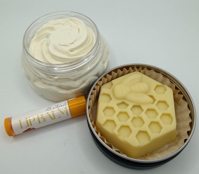 Winter hydration skincare trio featuring body butter, lotion bar, and lip balm