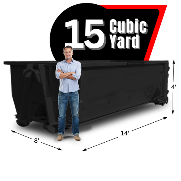 Dumpster and a man standing in front of it