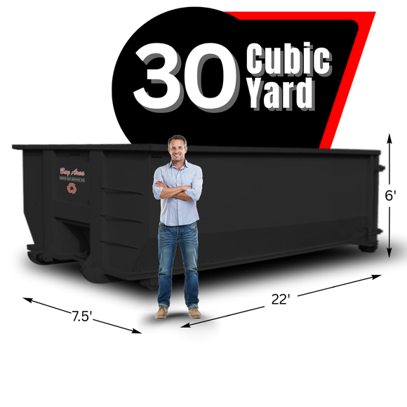 Dumpster and a man standing in front of it