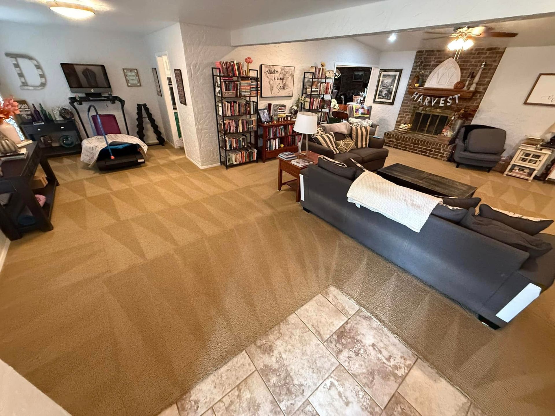 A living room filled with furniture and a fireplace.