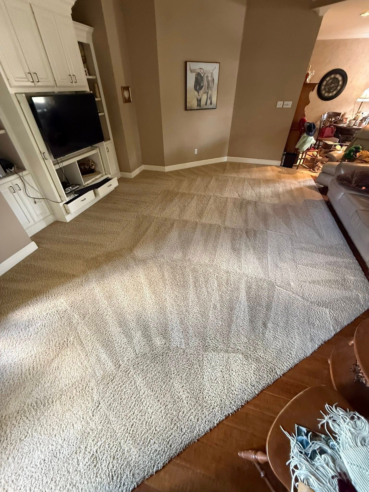 A living room with a rug , couch , and television.