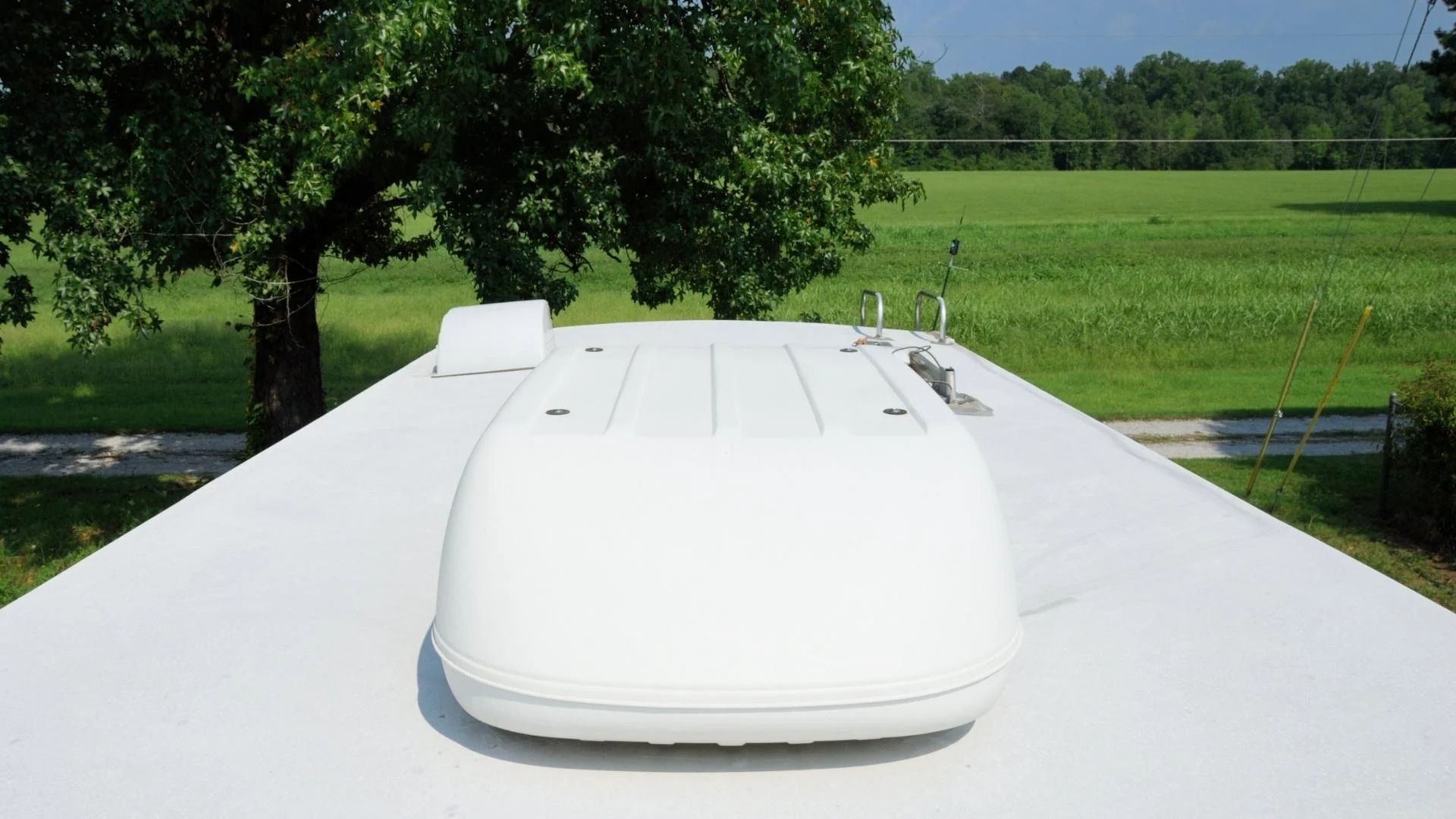 A white roof of a rv with a tree in the background