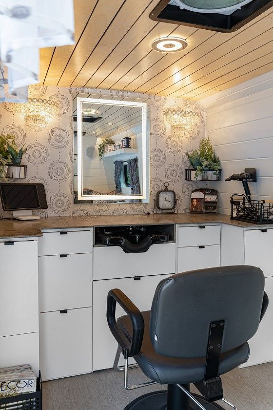 Organized hairdressing tools inside Portsmouth mobile hair salon