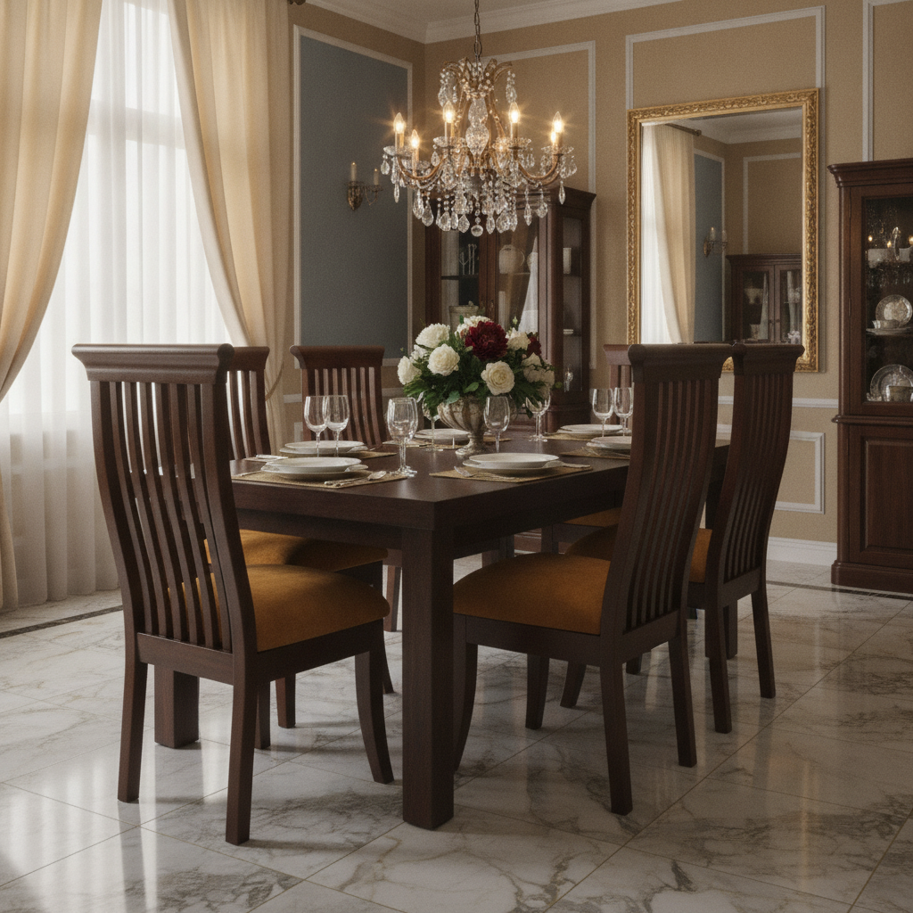 Elegant dining room with a dark wood table, chairs, chandelier, floral centerpiece, and marble floor.