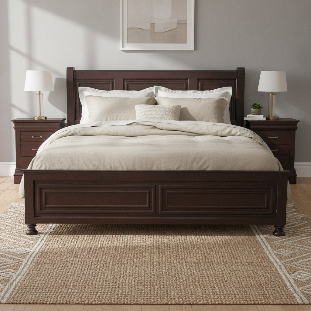 Dark wood bed with cream bedding in a softly lit bedroom, flanked by matching nightstands and lamps.