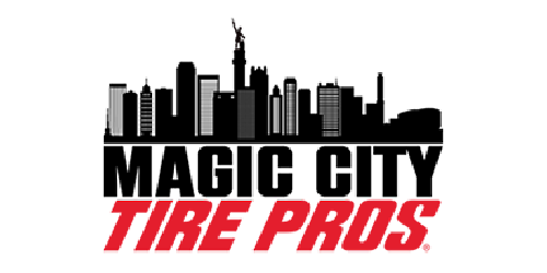 A logo for magic city tire pros with a city skyline