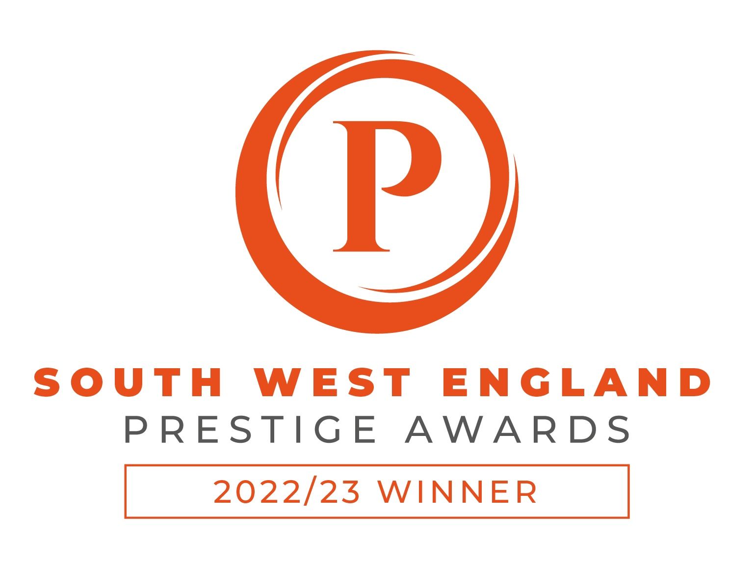 South West England Prestige Awards winner badge. Orange circle with 