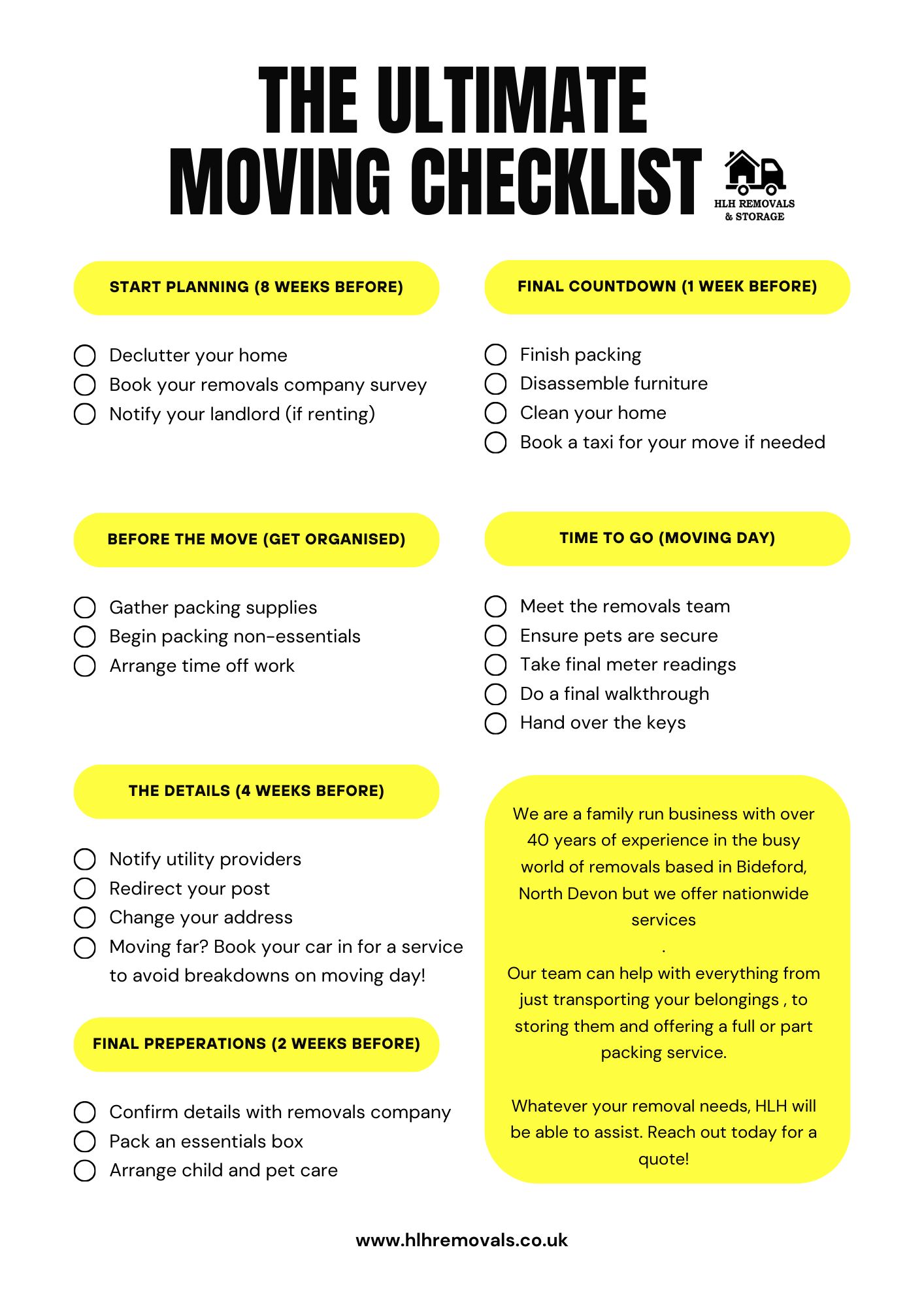 Moving checklist with yellow highlights; tasks are listed in sections like 