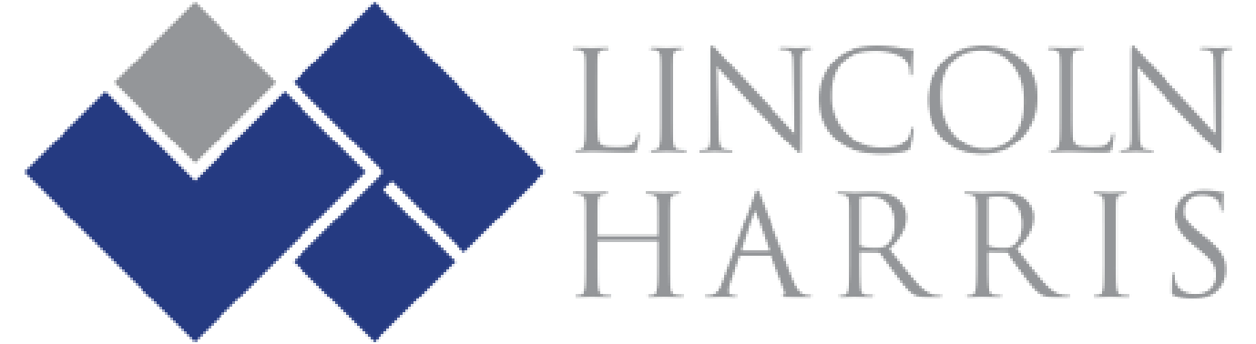 Lincoln Harris logo: Blue and gray geometric shapes with 