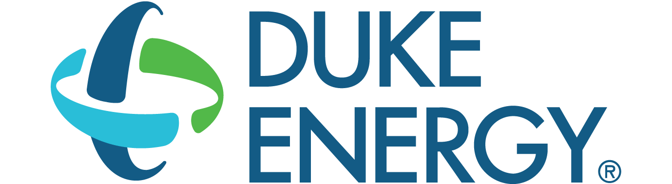 Duke Energy logo: Abstract swirling shapes in blue, green, and teal, next to the text 