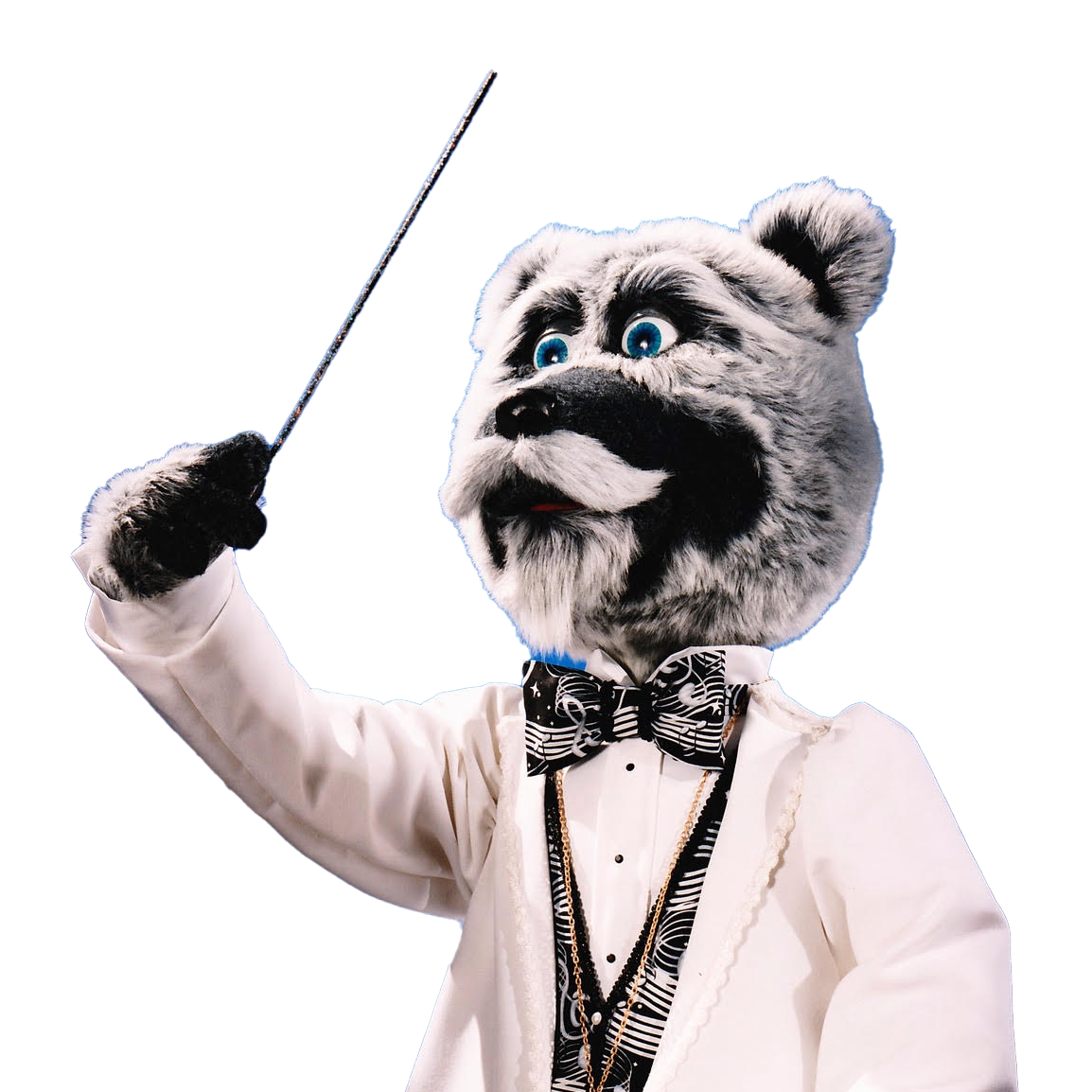 Polar bear conductor in white tuxedo, holding a baton.