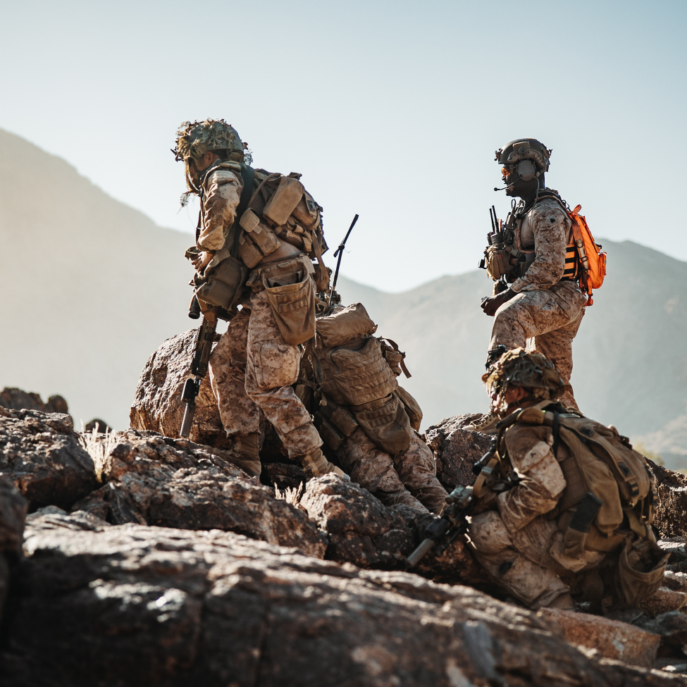 A group of soldiers are standing on top of a mountain.