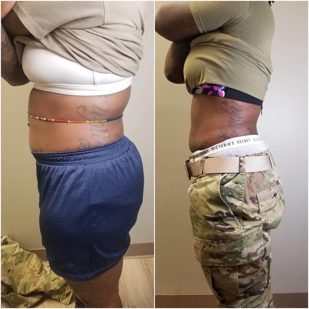 Side-by-side photos of a person, before and after, wearing exercise clothes and then military fatigues, showing weight loss.