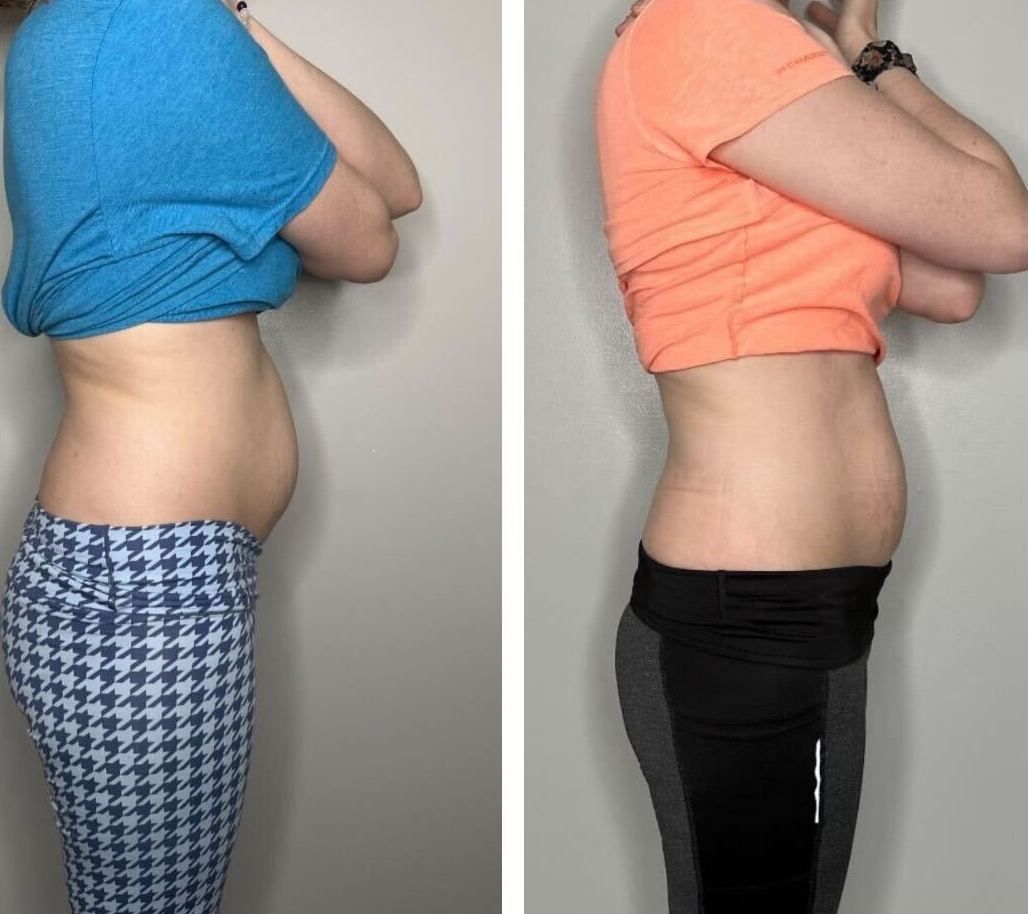 Before-and-after waistline comparison. Person in blue shirt and patterned pants, then in orange and black athletic wear.