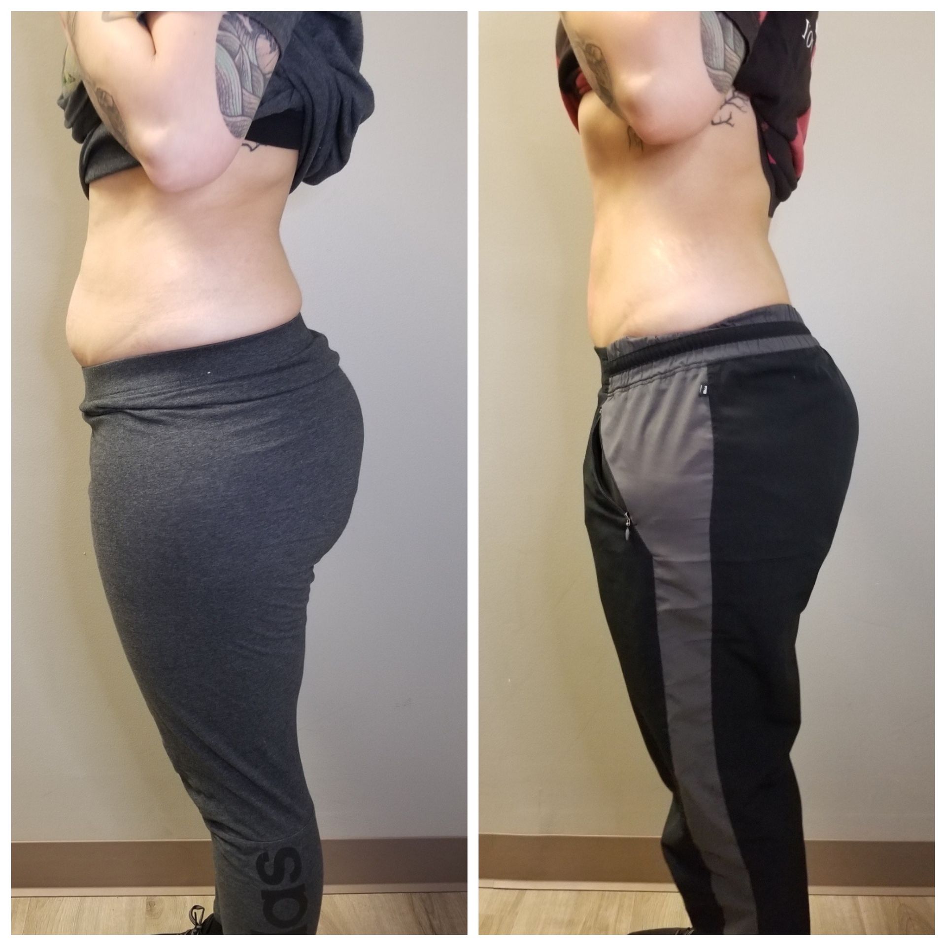Two side-by-side photos of a person in sweatpants. The left photo is gray pants. The right photo is black pants.