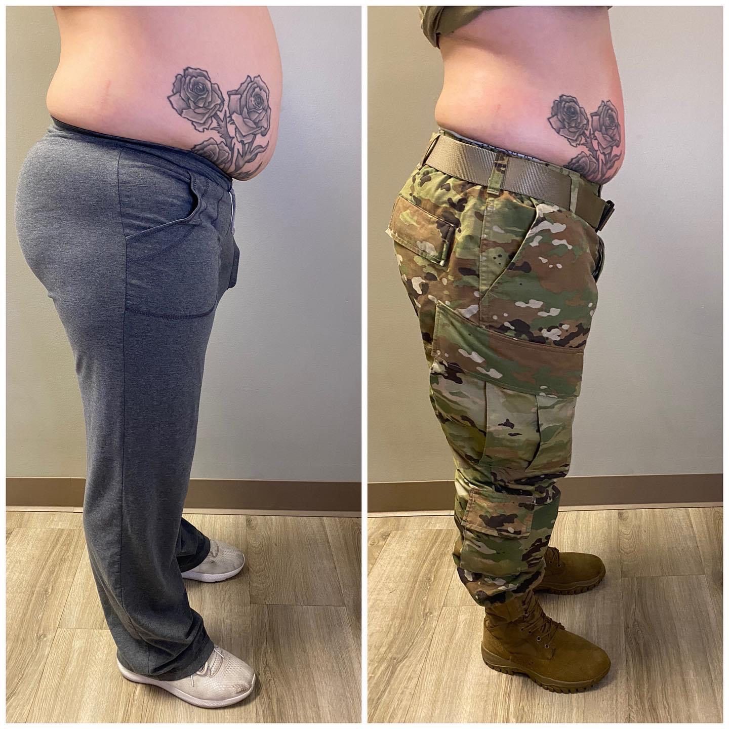 Side-by-side of woman in sweatpants then military uniform pants; shows weight loss.
