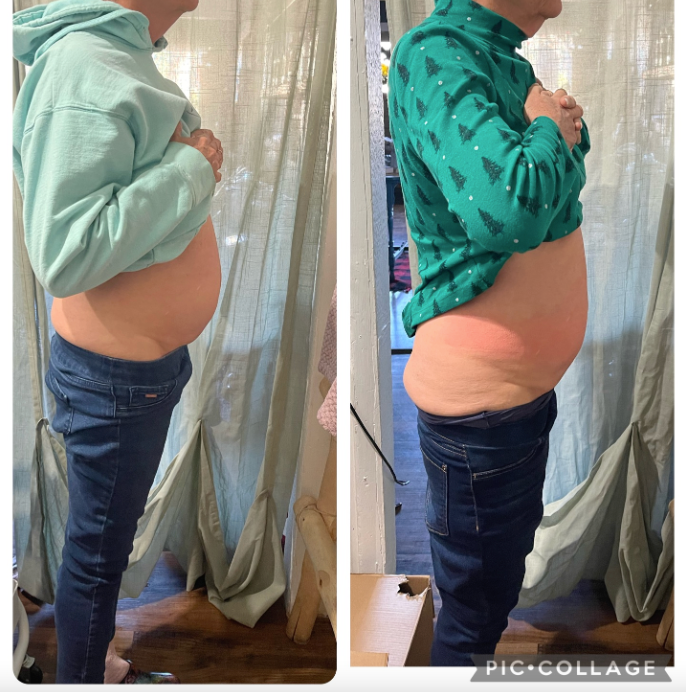 Side-by-side photos of a person, belly visible, in jeans, before and after. Left: blue sweatshirt. Right: green sweater.