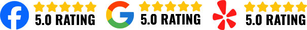 Logos for Facebook, Google, and Yelp with 5.0 ratings.