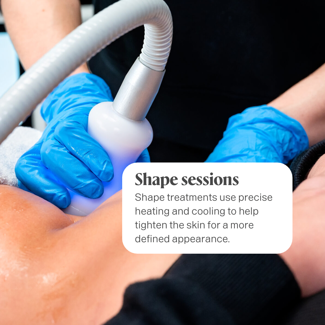 A person receiving a skin tightening treatment. Hands in blue gloves hold a device.