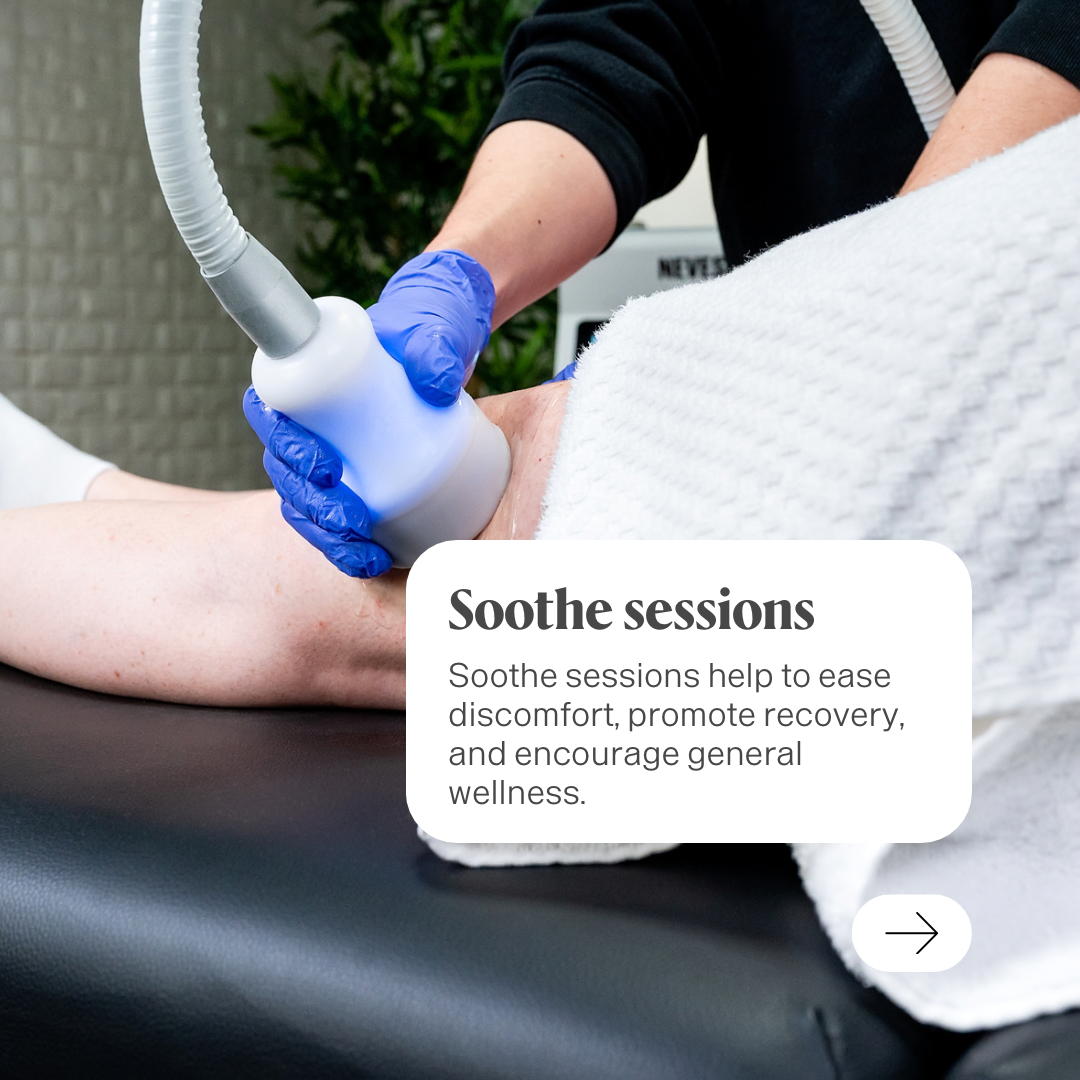 Person receiving a leg treatment. Hands in blue gloves hold a device against their leg.