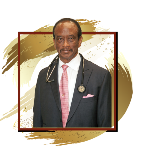 Doctor in suit, stethoscope, pink tie, pocket square, framed by gold brushstrokes.