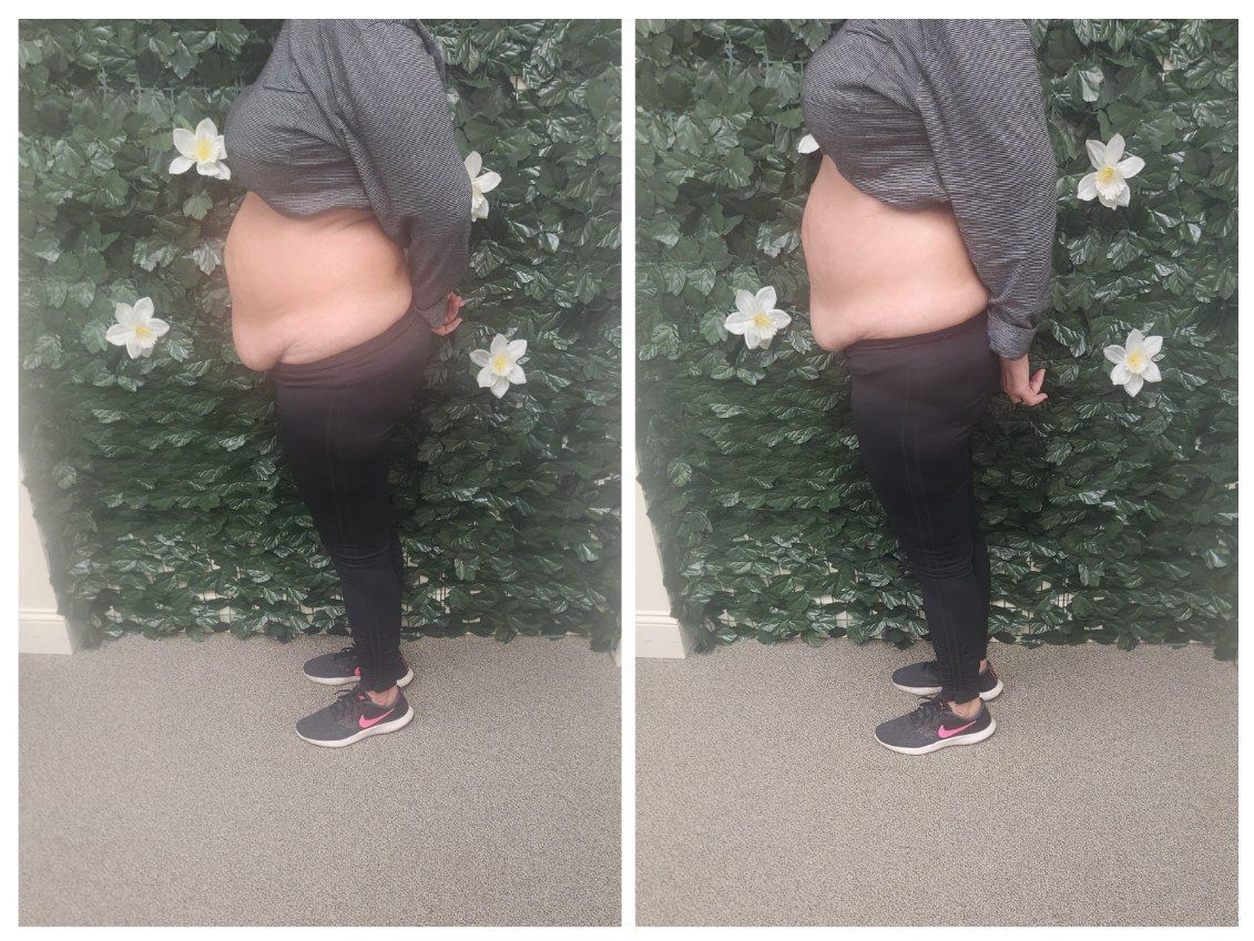 Two side views of a person with a large belly wearing black leggings and a gray sweater in front of a floral background.