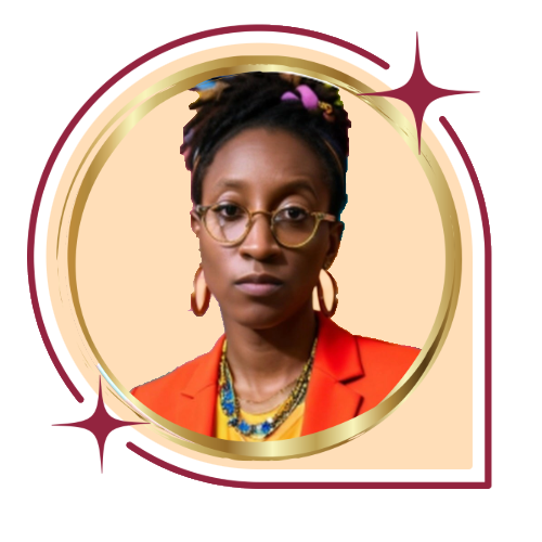 Woman with glasses in red jacket, round earrings, and locs framed by a gold and burgundy border.