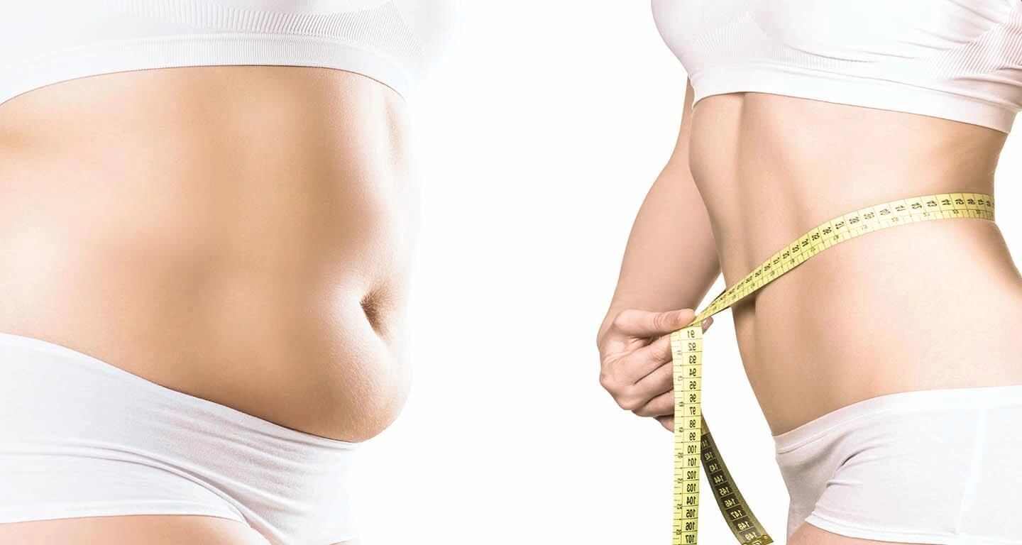 Woman's body before and after weight loss, measuring waist with tape measure.