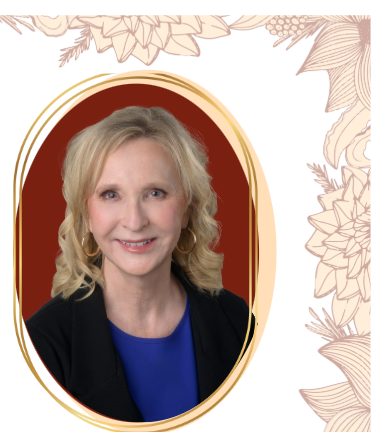 Blonde woman with gold earrings smiles, in gold oval on burgundy; floral design.