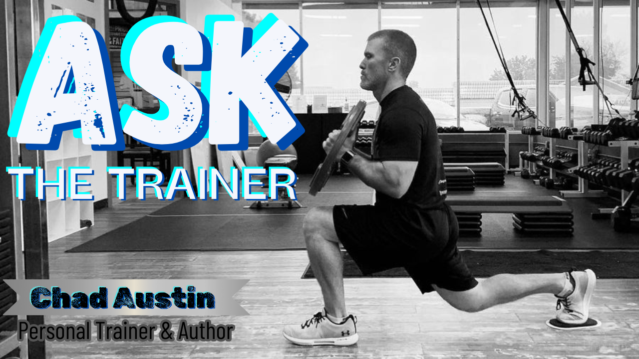 A fitness trainer performs a weighted lunge in a gym under the title 