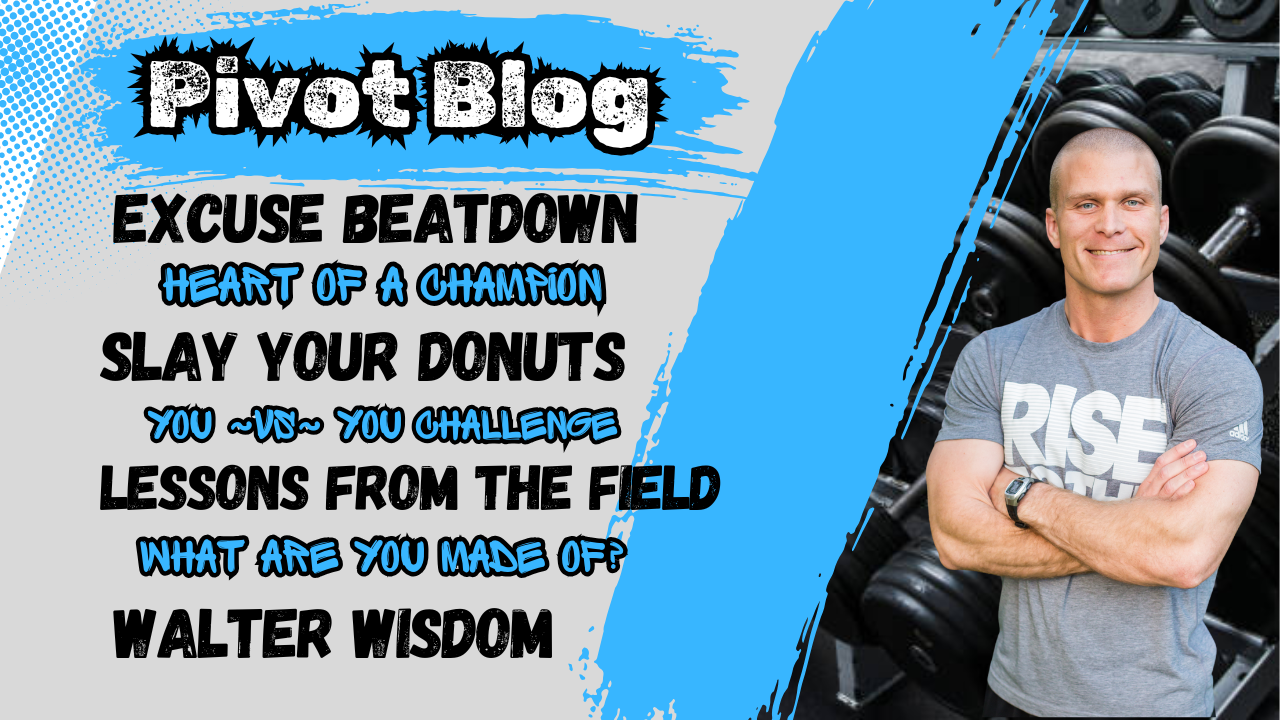 A man stands with arms crossed in a gym next to a list of motivational blog post titles with blue graphic accents.