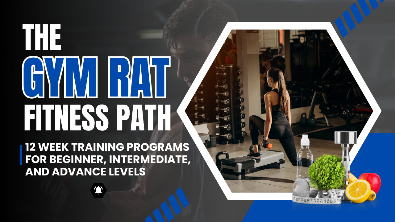 Gym Rat fitness path graphic. Training program title with a gym setting and fruits in the foreground.