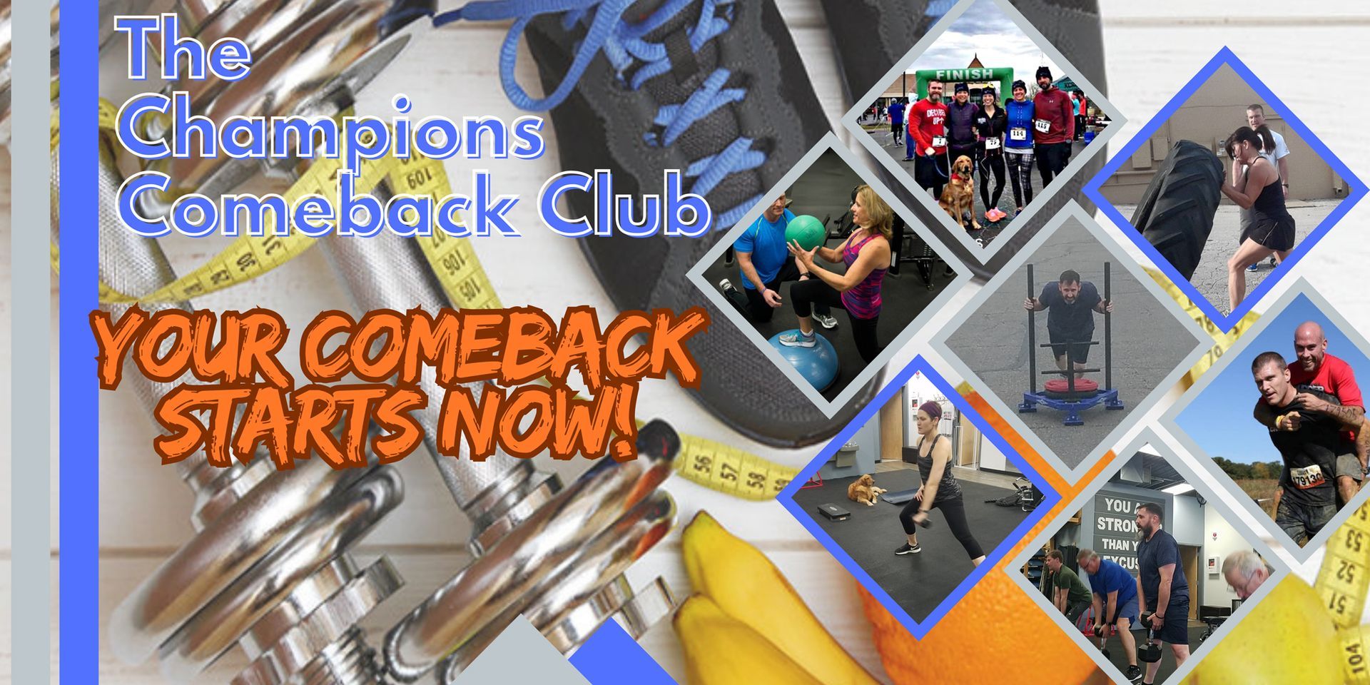 A collage of pictures with the words `` the champions comeback club your comeback starts now ''