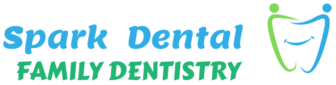 A logo for spark dental family dentistry with a picture of a tooth.