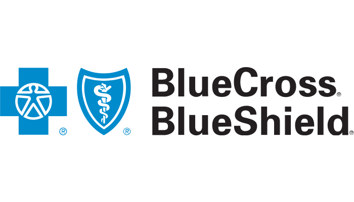 The logo for bluecross blueshield is a blue cross and shield with a caduceus on it.