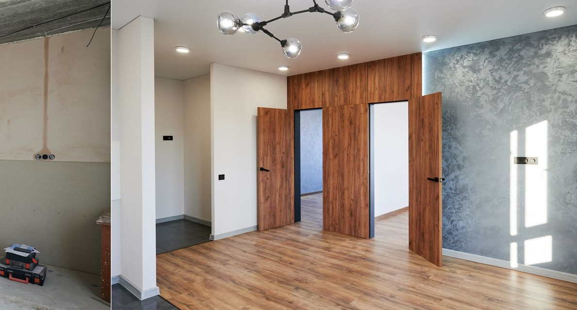 Ristrutturazione della stanza: parete grezza a sinistra, stanza finita con porte in legno, parete decorativa e pavimento in legno a destra.