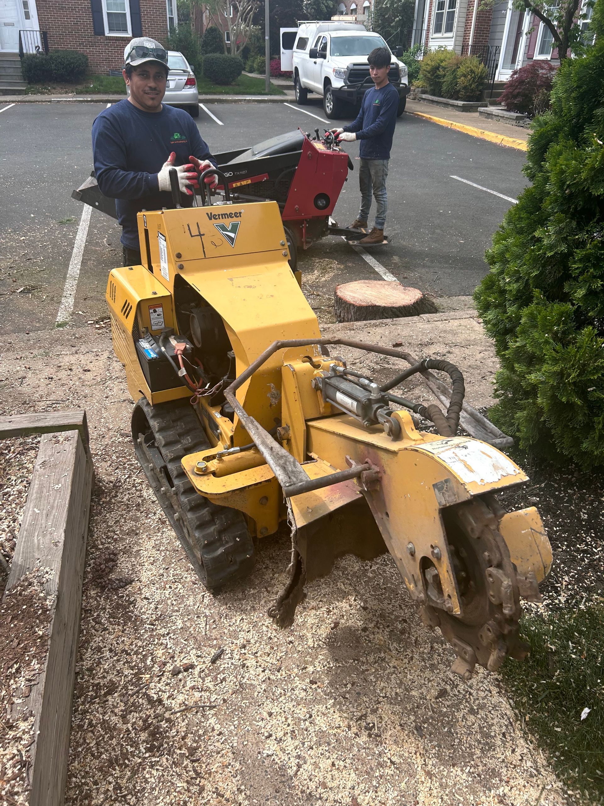A man is using a stump grinder to remove a tree stump.