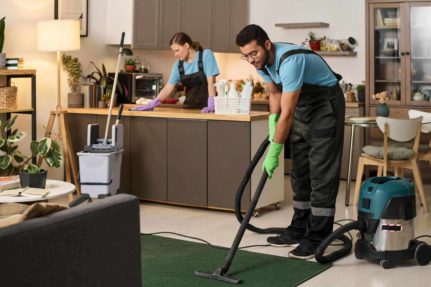 Two professional cleaners in uniform cleaning a kitchen and vacuuming a rug in a living room.