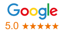 Google logo with 5.0 rating and five orange stars