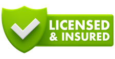 Green shield with white checkmark and “LICENSED & INSURED” text on a green banner