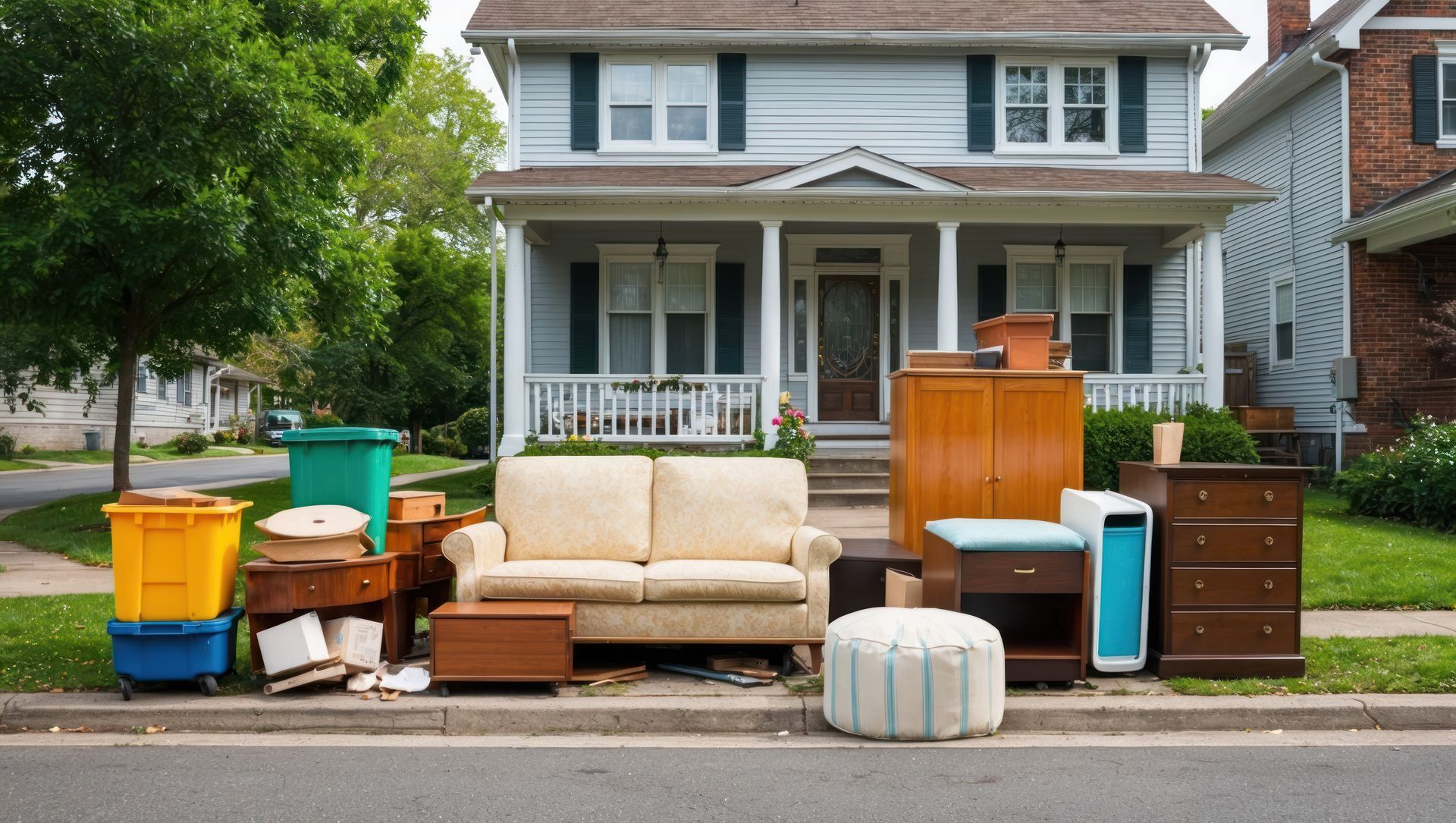 Moving day: furniture piled on the curb in front of a two-story house.