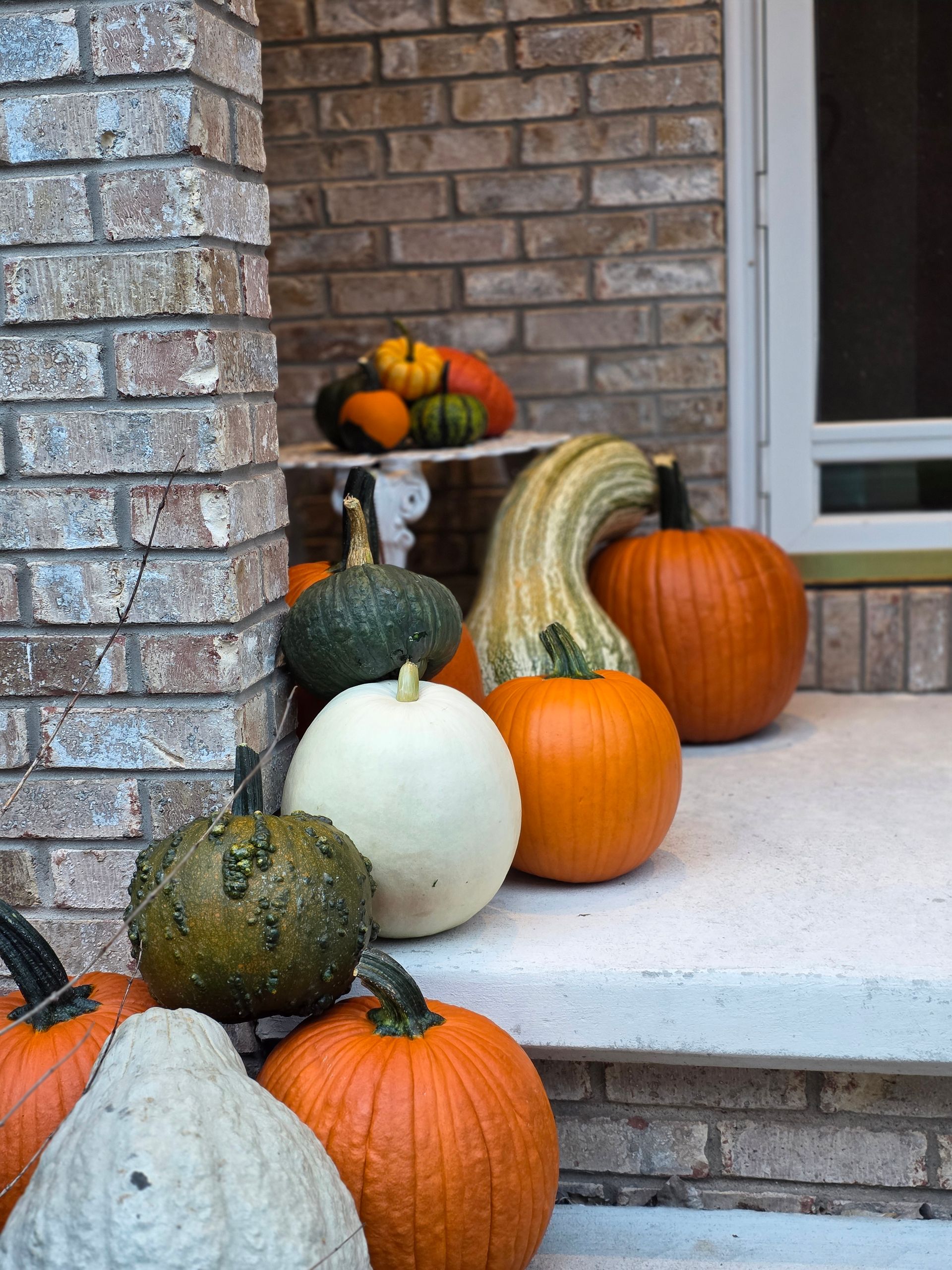 Pumpkins of various colors and shapes arranged on a porch for fall. Brick background.