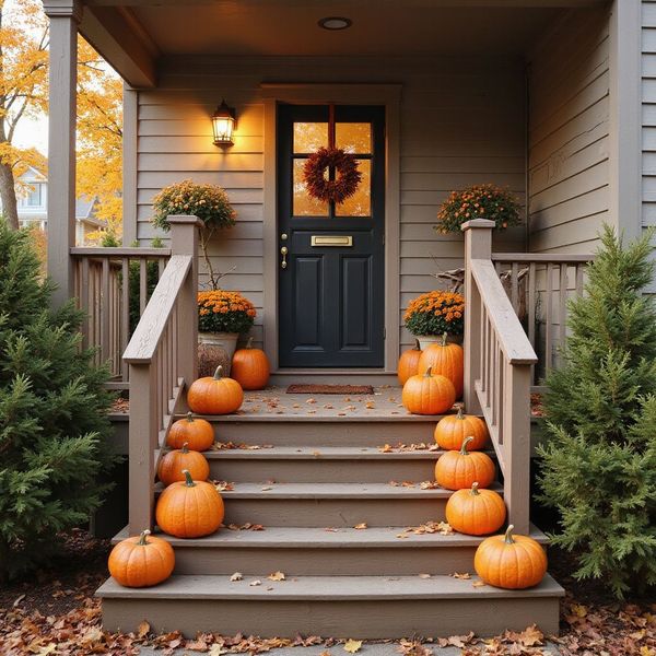 Fall-decorated porch with pumpkins on steps, mums in pots, and wreath on a dark door.