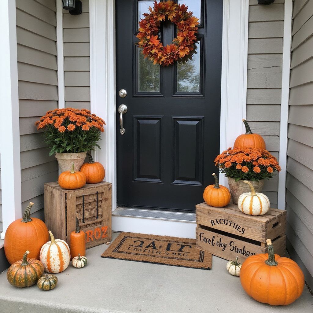 Fall porch decor with pumpkins, mums, and a wreath on a black door.