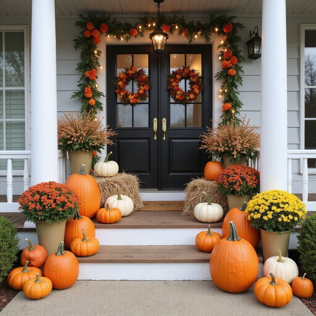 A festive porch decorated with pumpkins, hay bales, fall flowers, and wreaths on the black double doors.